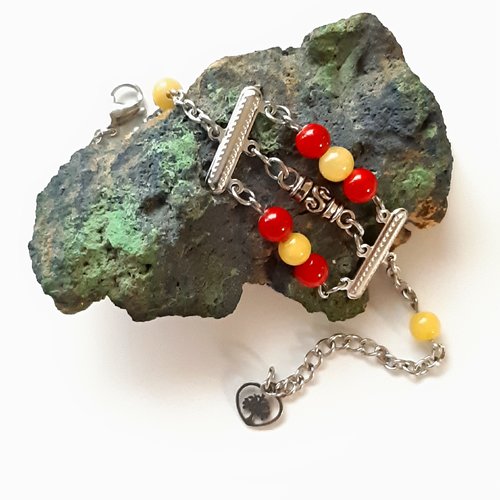 Bracelet  perles en pierre de jade rouge et jaune connecteur lustre acier