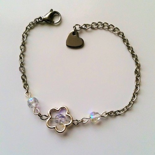 Bracelet chaine acier perle cadre fleur et cristal facetté swarovski
