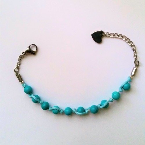  bracelet fantaisie fil cablé acier perles pierre minérale en turquoise 