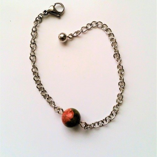 Bracelet chaine acier  perle en pierre de gemme unakite