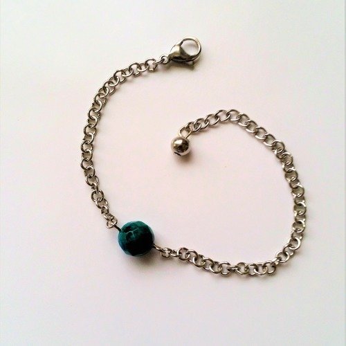 Bracelet gourmette chaine maille rolo en acier perle pierre de gemme facettée azurite chrysocolle