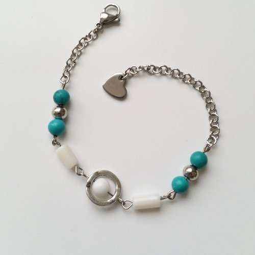 Bracelet perles pierre de gemme turquoise perles tubes en nacre