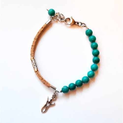 Bracelet fantaisie perles pierre  turquoise cordon liège