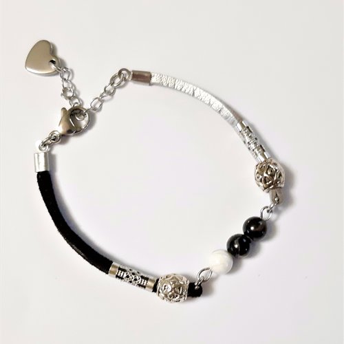 Bracelet perles pierre minérale cordons suédine et cuir