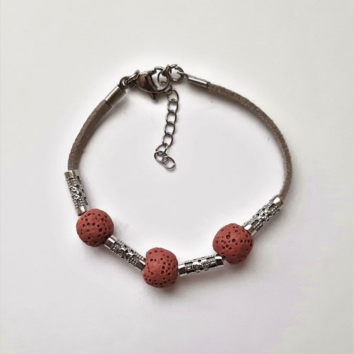 Bracelet cordon suédine perles pierre de lave perles acier