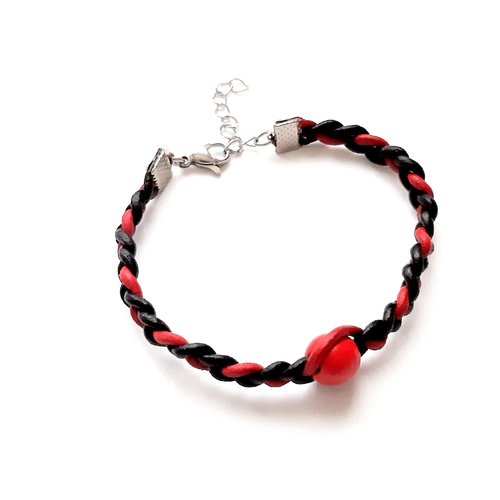 Bracelet fantaisie femme cuir noir et rouge tressé perle bois rouge