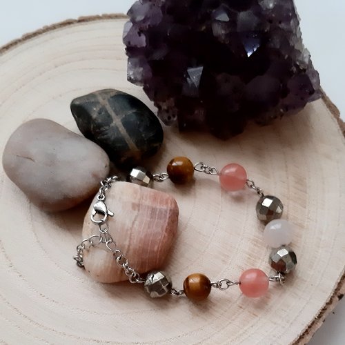 Bracelet acier perles en pierre pyrite, oeil de tigre, quartz rose