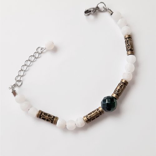 Bracelet  perles pierre minérale agate givrée, pierre azurite chrysocolle
