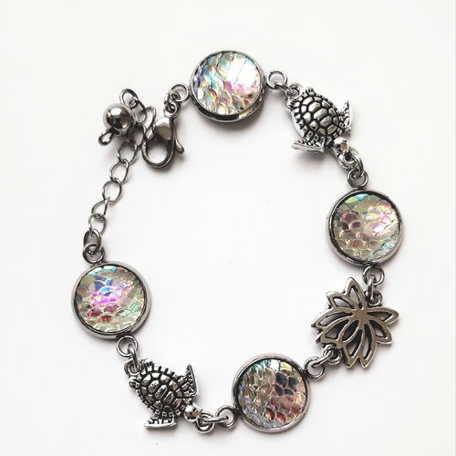 Bracelet acier cabochons écailles dragon et connecteurs tortues