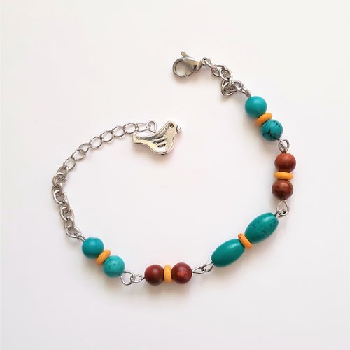Bracelet perles pierre minérale turquoise sur chaine acier