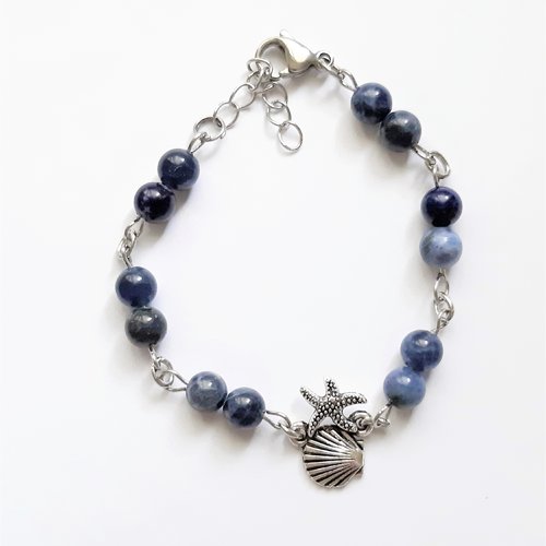 Bracelet acier perles pierre minérale sodalite