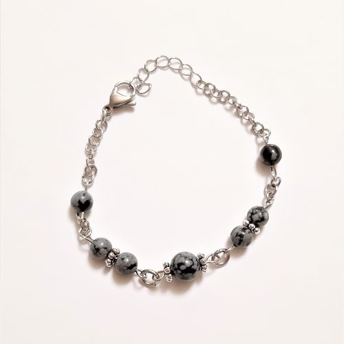 Bracelet acier perles en obsidienne flocon de neige
