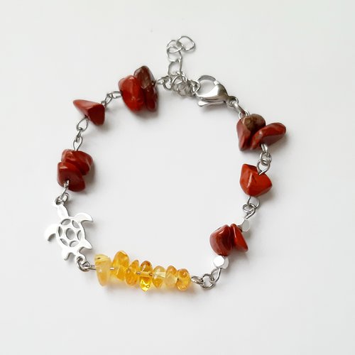 Bracelet acier  perles chips ambre et jaspe rouge