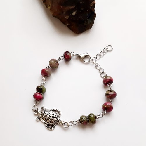 Bracelet acier perles  en pierre de gemme rubis zoïsite