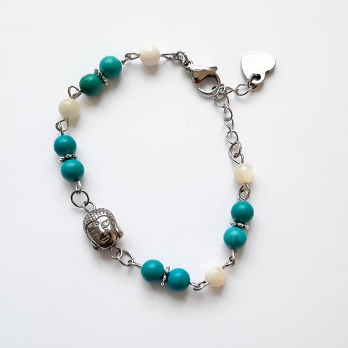 Bracelet acier avec bouddha, perles en turquoise