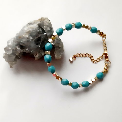 Bracelet perles cristal de bohème turquoise sur acier doré