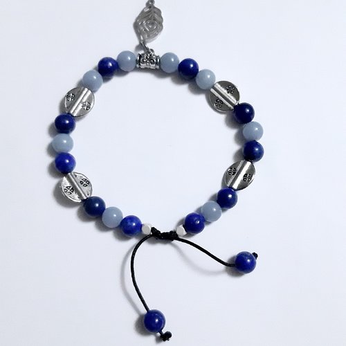 Bracelet couleur bleu perles en pierre minérale lapis lazuli et angélite, bracelet femme