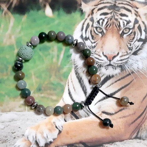 Bracelet perles en pierre minérale agate indienne, pierre de lave, bracelet femme