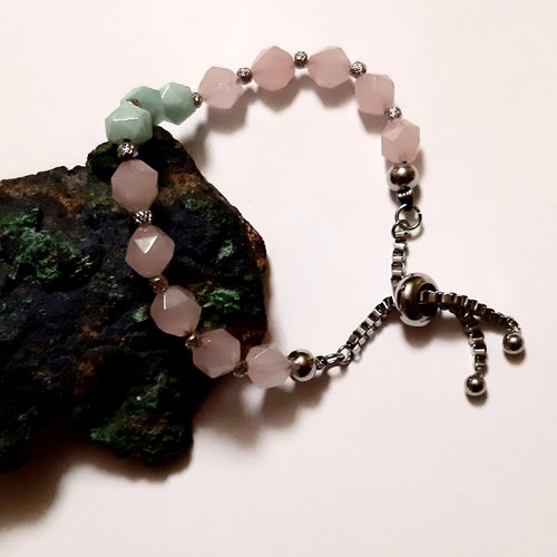 Bracelet  perles en pierre minérale jade birmanie et quartz rose, bracelet femme