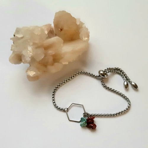 Bracelet acier perles chips en turquoise et jaspe rouge, connecteur hexagonal
