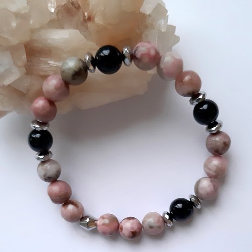 Bracelet perles en pierre minérale agate crazy lace rose et onyx, hématite facettes