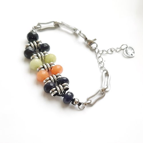 Bracelet  perles rondelles en jade à facettes bleu, anis et orange, bracelet femme