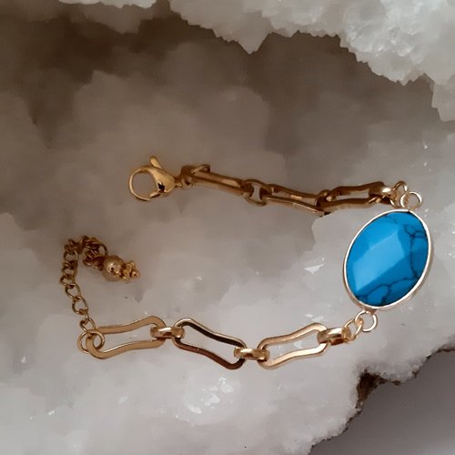 Bracelet connecteur pierre turquoise, chaine acier doré,bracelet femme