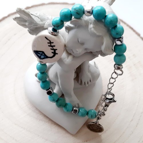 Bracelet perles en pierre minérale turquoise, perle plate céramique