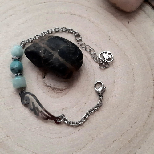 Bracelet perles en pierre minérale amazonite, connecteur aile d'ange acier,bracelet femme