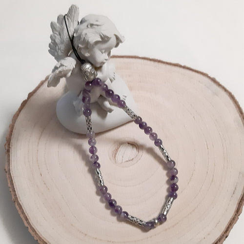 Bijou de portable perles en pierre minérale améthyste, perles colonne acier et bouddha