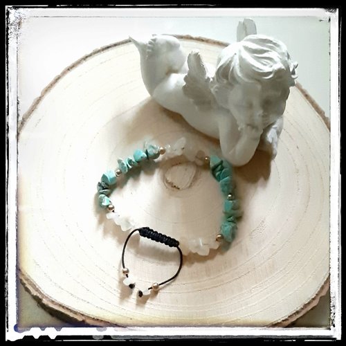 Bracelet pierre minérale turquoise et pierre de lune perles chips sur fil polyamide noir