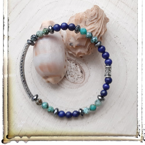Bracelet perles pierre minérale turquoise d'afrique et lapis lazuli monté sur élastique