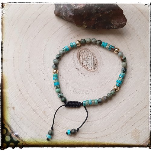 Bracelet perles turquoise d'afrique et perles heishi jaspe impérial sur fil polyamide noir