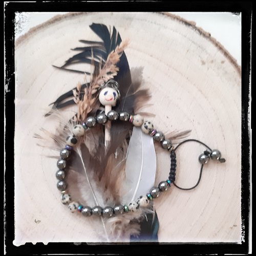 Bracelet perles pierre minérale hématite et jaspe dalmatien montées sur fil polyamide