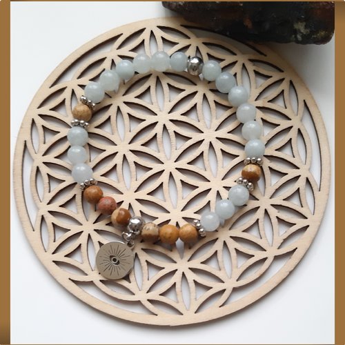 Bracelet perles en pierre minérale aigue marine et jaspe léopard breloque acier oeil protecteur