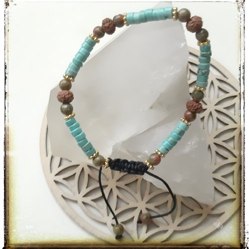 Bracelet perles en pierre minérale turquoise, unakite, rudraskha graine de chiva, sur fil polyamide réglable, modèle unisex