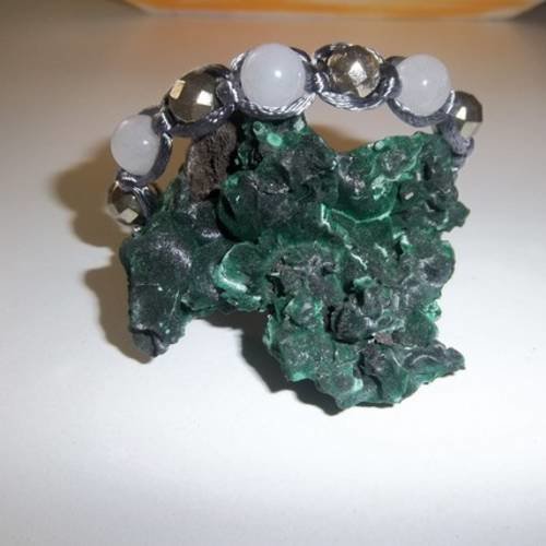 Bracelet shamballa  macramé homme  pierre de gemme pyrite facettée gris et jade blanc