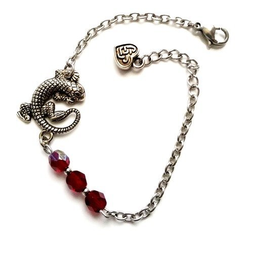 Bracelet gourmette chaine  acier inoxydable avec salamandre + perles cristal de bohème rouge