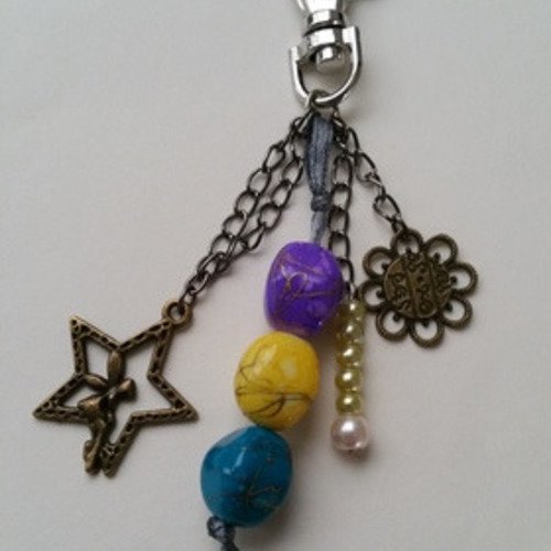 Porte clés  perles jaune violet bleu canard fée étoile et fleur bronze