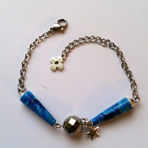 Bracelet perles cônes papier bleu  perle en pierre minérale pyrite