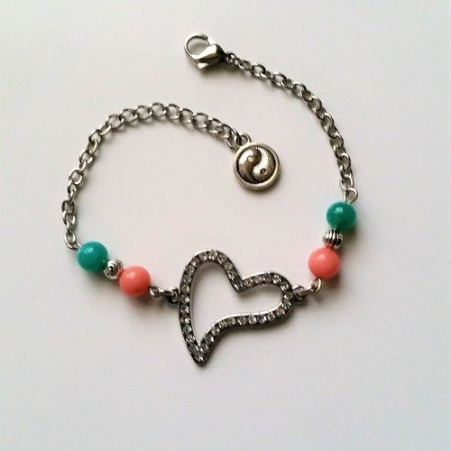 Bracelet perles pierre de jade corail rose et vert coeur en strass