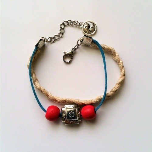 Bracelet  perles bois rouge cordons daim et coton ciré