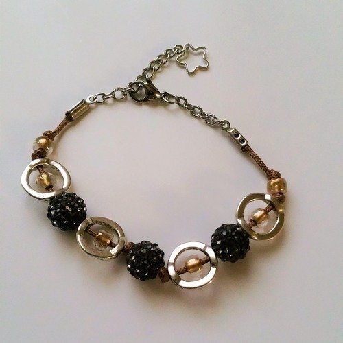 Bracelet perles shamballa gris foncé  cordon ciré marron perles acrylique transparente