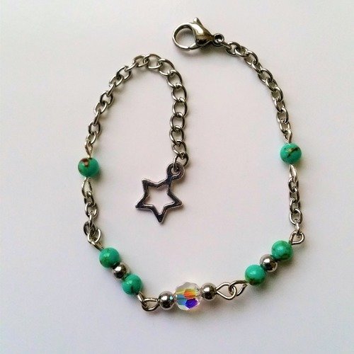 Bracelet  perles gemme en turquoise perle en cristal swarovski et en acier  bijou création unique