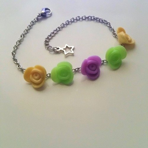 Bracelet cheville perles fleurs en acrylique, chaine acier