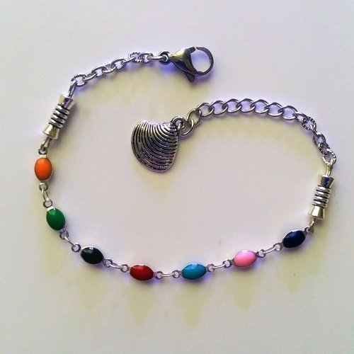 Bracelet perles émail multicolore, chaine acier  bijou création unique