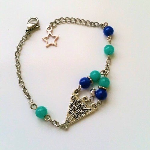 Bracelet connecteur perles en pierre de gemme jade bleu et vert