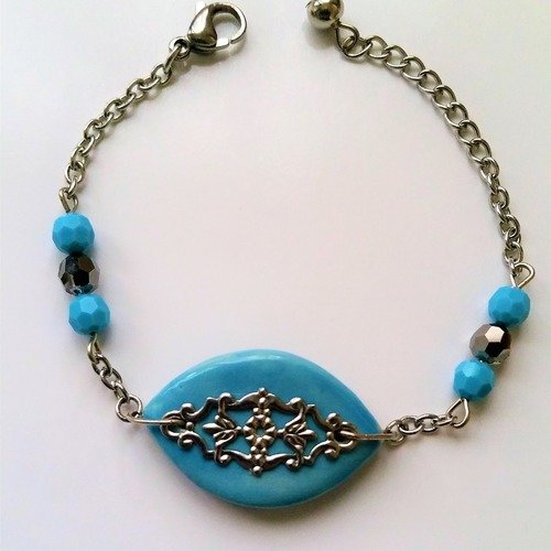 Bracelet cabochon céramique artisanal bleu perles cristal swarovski