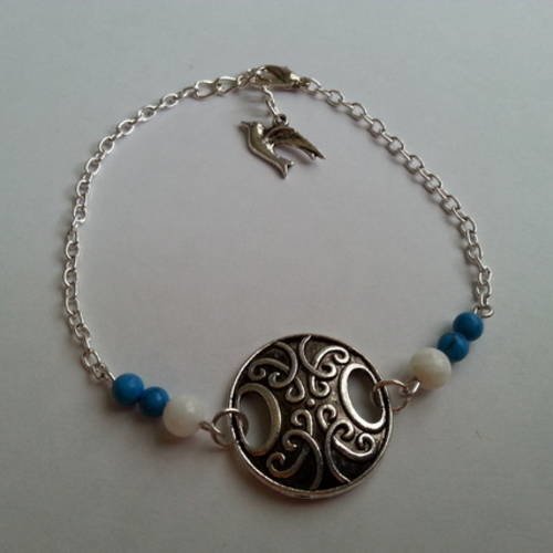 Bracelet  cheville perles en turquoise et agate blanche connecteur médiéval