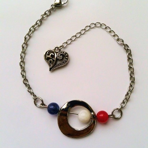 Bracelet perle cadre avec perles  jade et agate  bleu blanc et rouge